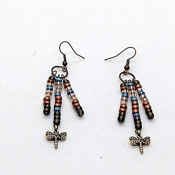 Multicolor Seed Bead Dangle Earrings Dragonfly Charms Boho Style - Picture 1 of 3